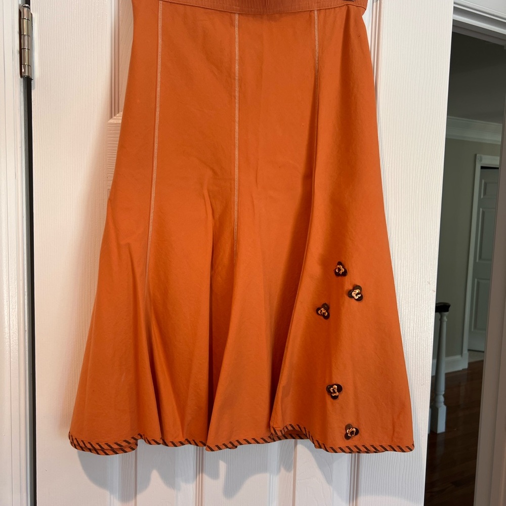 Orange Pleated A-Line Skirt Knee-Length Casual